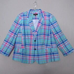 Talbots Blazer Plus 18 Plaid Linen Cotton Blend Coastal‎ Ruffle Trim Statement